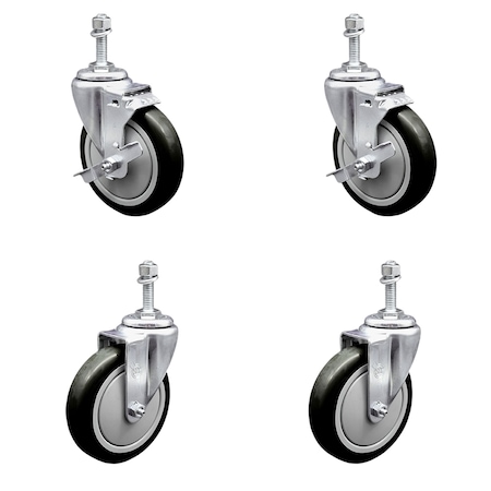 Service Caster 5 Inch Black Polyurethane Wheel Swivel 10mm Threaded Stem Caster Brake, 2PK SCC-TS20S514-PPUB-BLK-TLB-M1015-2-S2